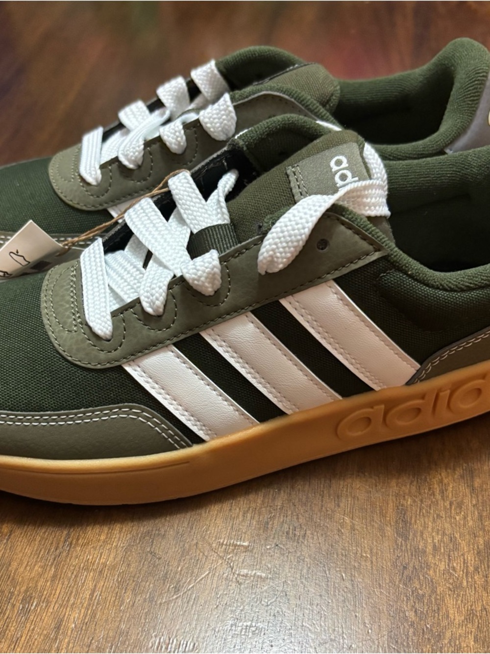 adidas Olive Green Low-Top Sneakers with White Stripes and Gum Sole